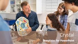 Presentation with science biology cell - Cool new presentation with teacher-explaining-cell-model backdrop and a coral colored foreground