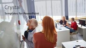  Presentation with teacher - Beautiful slide set featuring teacher-female-writting-on-board backdrop and a light gray colored foreground