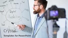  Presentation with marketing - Slide deck featuring teacher-filming-digital-marketing-webinar background and a light blue colored foreground