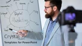  Presentation with marketing - Beautiful theme featuring teacher-filming-digital-marketing-webinar backdrop and a light blue colored foreground