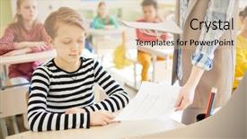  Presentation with high school testing multicultural - Presentation design having teacher getting school test back background and a soft green colored foreground