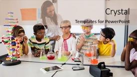  Presentation with computer lab science classroom - PPT layouts enhanced with teacher giving a science lesson background and a coral colored foreground