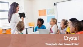  Presentation with giving - Colorful PPT theme enhanced with teacher giving lesson with technology backdrop and a coral colored foreground