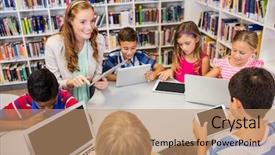  Presentation with young children - Cool new slides with teacher having lesson to children backdrop and a coral colored foreground