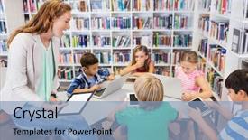  Presentation with young children - Amazing theme having teacher having lesson to children backdrop and a light blue colored foreground