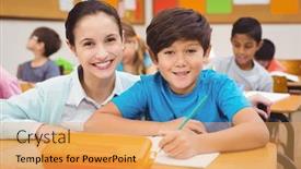  Presentation with elementary school - Cool new presentation theme with teacher helping a little boy during class at the elementary school backdrop and a yellow colored foreground