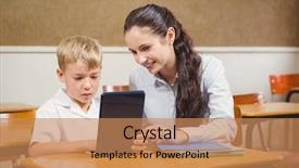  Presentation with med student in class - Colorful slide deck enhanced with teacher helping a student backdrop and a coral colored foreground