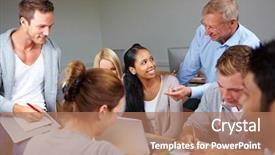  Presentation with college students - Beautiful presentation theme featuring teacher helping college students backdrop and a coral colored foreground