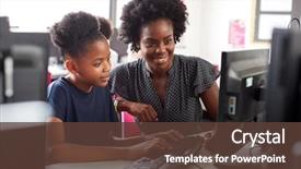  Presentation with high school - Slide deck featuring teacher helping female high school background and a tawny brown colored foreground