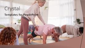  Presentation with community center - PPT theme enhanced with teacher-helping-group-stretching background and a lemonade colored foreground