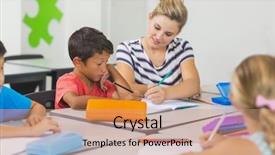  Presentation with school kids - Slide deck enhanced with teacher helping kids with their background and a coral colored foreground