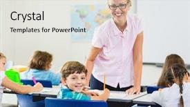  Presentation with homework - Beautiful slides featuring teacher helping kids with their homework in classroom at school backdrop and a white colored foreground