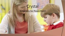  Presentation with literacy - Cool new PPT theme with teacher helping male pupil backdrop and a coral colored foreground