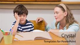  Presentation with school elementary - PPT theme enhanced with teacher helping pupil at elementary background and a  colored foreground