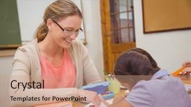  Presentation with elementary school - Slides featuring teacher helping pupil in classroom background and a  colored foreground