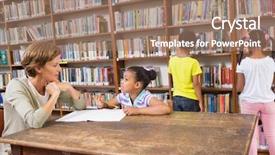  Presentation with school-elementary - Audience pleasing slide deck consisting of talking books - teacher helping pupil in library backdrop and a coral colored foreground