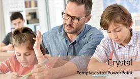  Presentation with helping - PPT layouts featuring teacher helping pupils with writing lesson background and a coral colored foreground