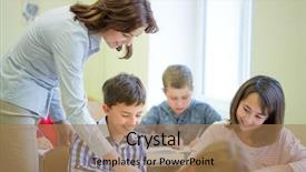  Presentation with elementary school career day and technology - Cool new slide deck with teacher helping school kids writing backdrop and a  colored foreground