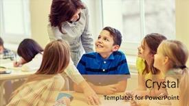  Presentation with elementary school career day and technology - Amazing presentation theme having teacher helping school kids writing backdrop and a yellow colored foreground