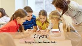  Presentation with school elementary - Presentation theme consisting of teacher helping school kids writing background and a coral colored foreground