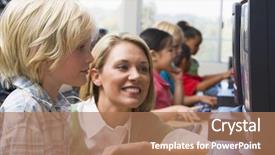  Presentation with teacher and student - Presentation enhanced with teacher helping student at computer background and a coral colored foreground