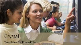  Presentation with terminal - Presentation theme with teacher helping student at computer background and a coral colored foreground