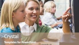  Presentation with terminal - Audience pleasing presentation theme consisting of teacher helping student at computer backdrop and a coral colored foreground