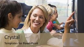  Presentation with teacher and student - Slides consisting of teacher helping student at computer background and a coral colored foreground