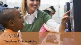  Presentation with teacher and student - Beautiful slide deck featuring teacher helping student at computer backdrop and a coral colored foreground