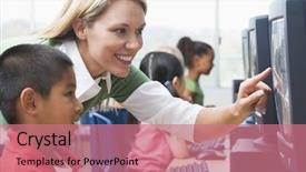  Presentation with terminal - PPT theme with teacher helping student at computer background and a coral colored foreground