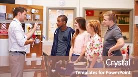  Presentation with electricians - Beautiful presentation design featuring teacher helping students training backdrop and a coral colored foreground
