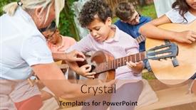  Presentation with guitar class - Amazing slide deck having teacher-helps-child-learn backdrop and a coral colored foreground
