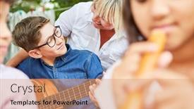  Presentation with summer camp - Presentation having teacher-helps-child-with-guitar background and a coral colored foreground