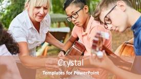  Presentation with summer camp show - PPT theme featuring teacher-helps-children-in-guitar background and a coral colored foreground