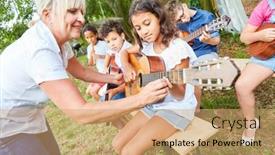  Presentation with guitar class - Presentation theme featuring teacher-helps-children-learn background and a coral colored foreground