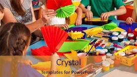  Presentation with kids development - Slide deck enhanced with teacher in class room development background and a gold colored foreground