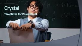  Presentation with math teacher - Slide deck featuring teacher in front of chalkboard background and a wine colored foreground