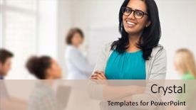  Presentation with young happy people smiling - Beautiful slide deck featuring teacher in glasses over classroom backdrop and a soft green colored foreground