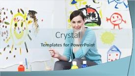  Presentation with class - Slide deck having teacher-in-pre-school-art background and a light blue colored foreground