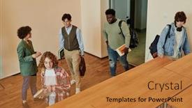  Presentation with lecture hall - Presentation theme having teacher-in-smart-casualwear-standing background and a red colored foreground