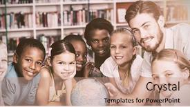  Presentation with elementary - Audience pleasing slide set consisting of teacher looking at globe backdrop and a coral colored foreground