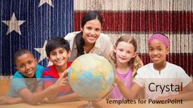  Presentation with usa flag and energy - PPT theme consisting of teacher looking at globe background and a coral colored foreground