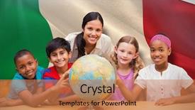  Presentation with teacher - Slide set featuring teacher looking at globe background and a coral colored foreground