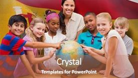  Presentation with teacher - Amazing slide set having teacher looking at globe backdrop and a coral colored foreground