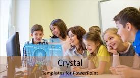  Presentation with elementary school technology - Amazing PPT layouts having teacher looking to computer monitor backdrop and a  colored foreground