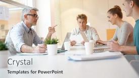  Presentation with meeting table - PPT theme featuring teacher meeting around table with students background and a sky blue colored foreground