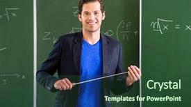  Presentation with pointer - Cool new PPT theme with teacher or docent in school backdrop and a tawny brown colored foreground