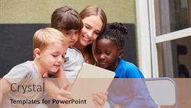  Presentation with social media - Theme featuring teacher-or-kids-using-tablet background and a coral colored foreground