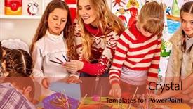  Presentation with children painting - Colorful presentation design enhanced with teacher painting at art school backdrop and a red colored foreground