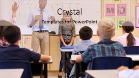  Presentation with classmates - Slide deck having teacher presentation - schoolgirl presenting to her elementary background and a  colored foreground